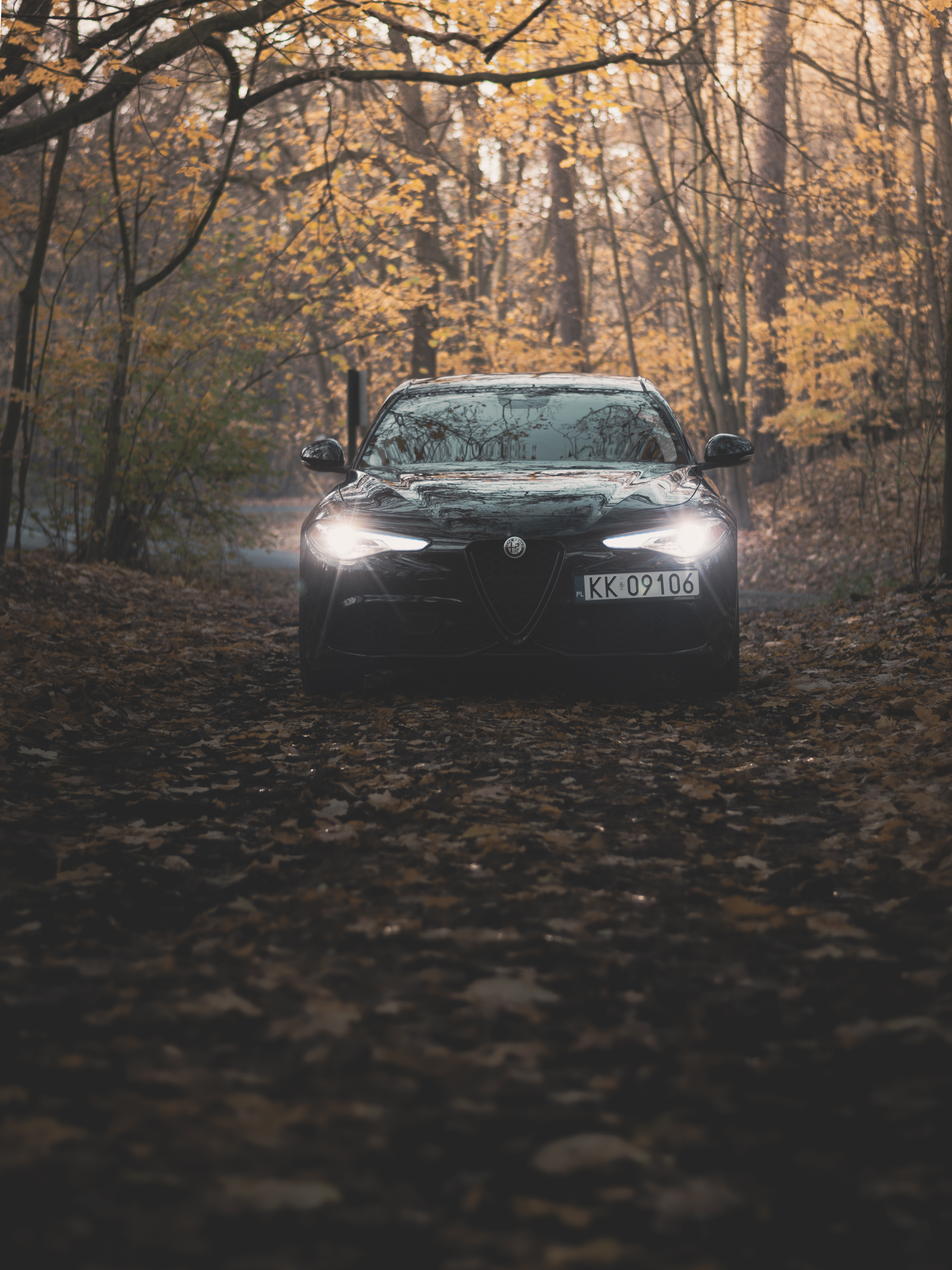 Alfa Romeo Giulia - tyl o swicie, dym z wydechu
