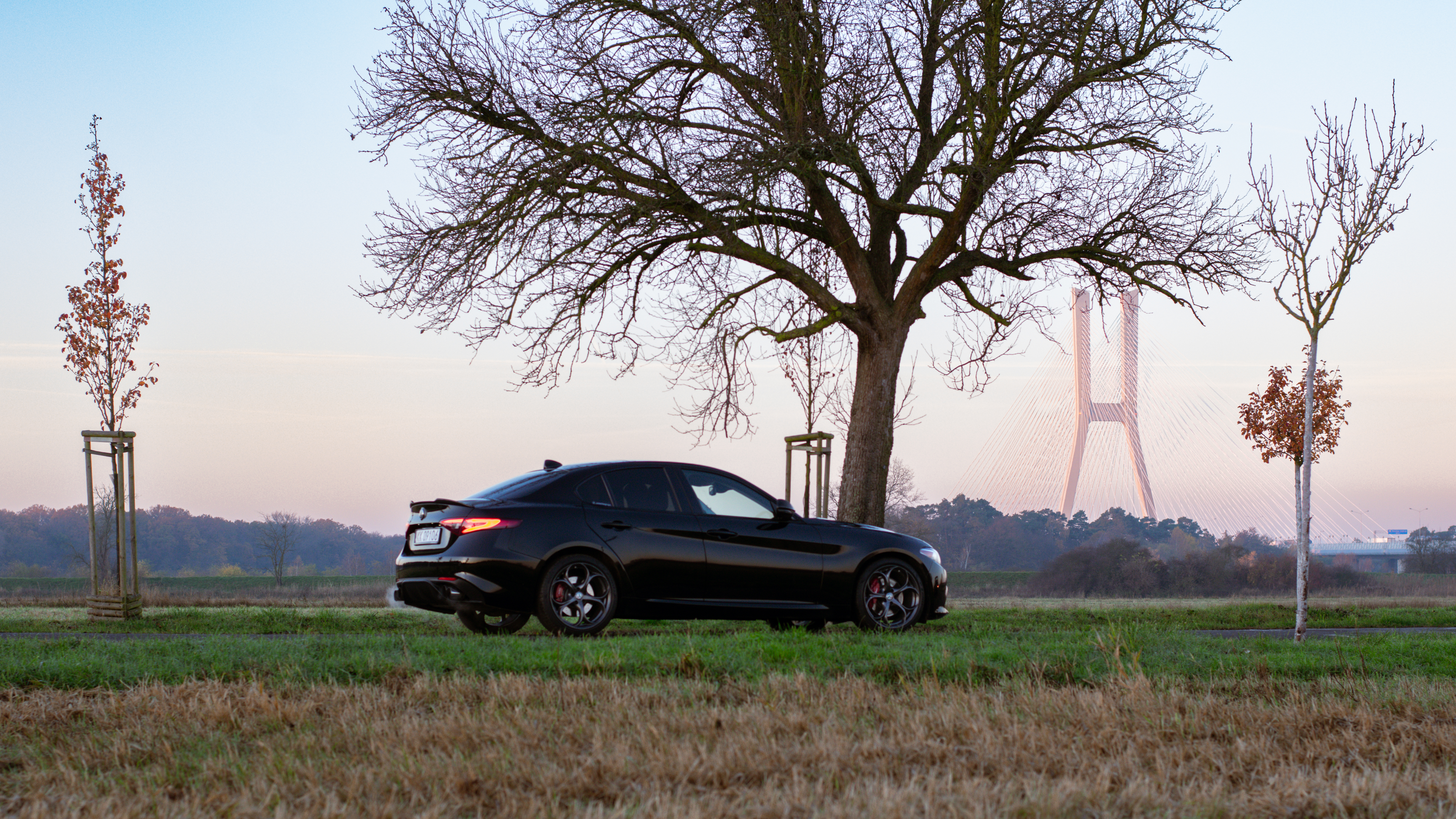Alfa Romeo Giulia - profil, laka i most w tle